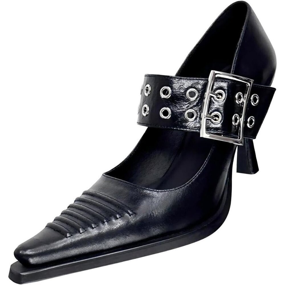 🆕 Women's Black Pu Mary Jane Closed Pointed Toe High Heel Pumps Punk Heels